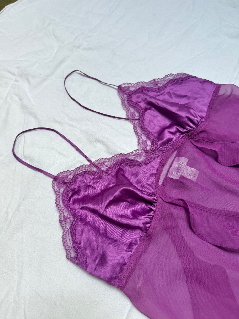 VINTAGE y2k La SENZA purple lace tiered ruffle babydoll slip top L - Picture 4 of 12